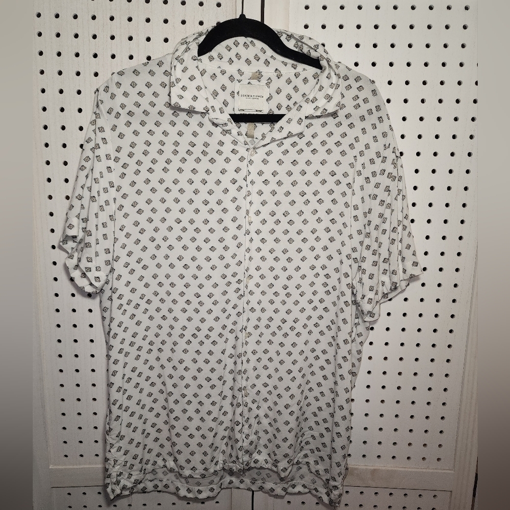 Ricky Singh Denim & Flowers Button Down Short Sleeve XL Off White